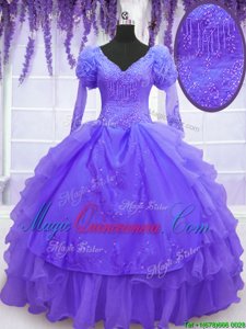 Fantastic Purple 15 Quinceanera Dress Military Ball and Sweet 16 and Quinceanera and For with Beading and Embroidery and Hand Made Flower V-neck Long Sleeves Lace Up