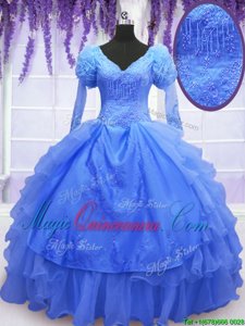 One Shoulder Floor Length Ball Gowns Long Sleeves Blue Vestidos de Quinceanera Lace Up