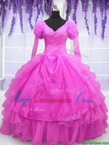 Elegant V-neck Long Sleeves Organza 15 Quinceanera Dress Beading and Embroidery and Hand Made Flower Lace Up