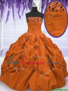 Deluxe Pick Ups Strapless Sleeveless Lace Up Sweet 16 Quinceanera Dress Orange Red Taffeta