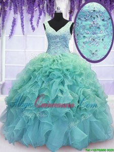 Simple V-neck Sleeveless Lace Up Ball Gown Prom Dress Blue Organza