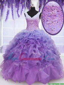 Popular Beading and Embroidery and Ruffles 15th Birthday Dress Lavender Lace Up Sleeveless Floor Length