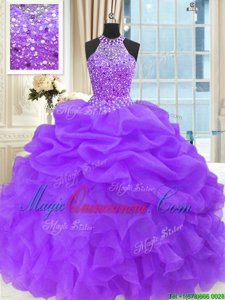 Fashionable Purple Ball Gowns Organza High-neck Sleeveless Beading and Pick Ups Floor Length Lace Up 15 Quinceanera Dress