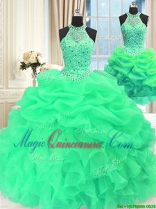 Three Piece Sleeveless Floor Length Beading and Pick Ups Lace Up Ball Gown Prom Dress with Green