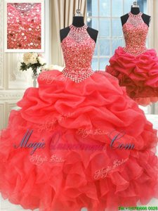Three Piece Red Organza Lace Up 15 Quinceanera Dress Sleeveless Floor Length Beading and Pick Ups