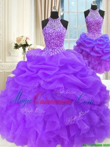Glorious Three Piece Pick Ups Floor Length Ball Gowns Sleeveless Eggplant Purple Vestidos de Quinceanera Lace Up