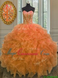 Stunning Orange Sleeveless Floor Length Beading and Ruffles Lace Up Sweet 16 Quinceanera Dress