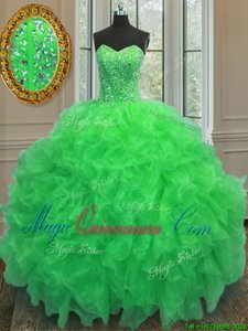 Custom Design Sleeveless Organza Floor Length Lace Up Sweet 16 Quinceanera Dress in Green for with Beading and Ruffles