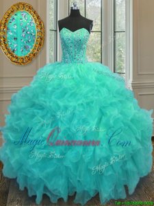 Luxurious Aqua Blue Ball Gowns Beading and Ruffles Quince Ball Gowns Lace Up Organza Sleeveless Floor Length
