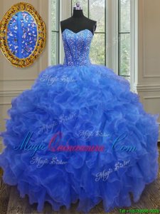 Blue Sleeveless Organza Lace Up Sweet 16 Quinceanera Dress for Military Ball and Sweet 16 and Quinceanera