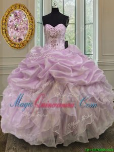 Elegant Sleeveless Organza Floor Length Lace Up Sweet 16 Quinceanera Dress in Lilac for with Beading and Ruffles