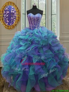 Edgy Sweetheart Sleeveless Organza Quinceanera Dress Beading and Ruffles Lace Up
