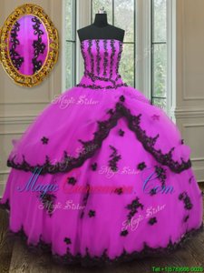 Floor Length Fuchsia Sweet 16 Dress Tulle Sleeveless Appliques