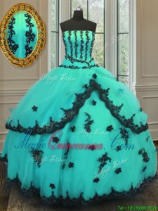 Floor Length Lace Up Quinceanera Dress Turquoise and In for Military Ball and Sweet 16 and Quinceanera with Appliques