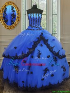 Blue Ball Gowns Strapless Sleeveless Tulle Floor Length Lace Up Appliques Sweet 16 Dresses