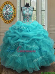 Scoop Sleeveless Organza Vestidos de Quinceanera Beading and Ruffles Lace Up