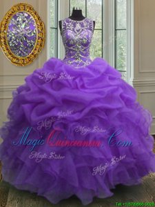 Elegant Purple Quinceanera Gown Military Ball and Sweet 16 and Quinceanera and For with Beading and Ruffles and Pick Ups Scoop Sleeveless Lace Up