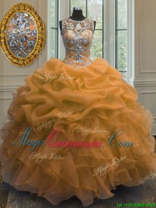 Scoop Beading and Ruffles and Pick Ups 15th Birthday Dress Orange Lace Up Sleeveless Floor Length