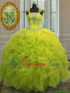Flare Straps Straps Cap Sleeves Lace Up Floor Length Beading and Ruffles and Sequins 15 Quinceanera Dress
