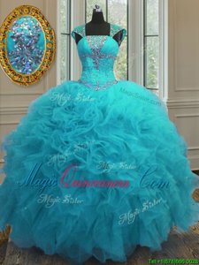 Hot Selling Straps Straps Cap Sleeves Organza Floor Length Lace Up Sweet 16 Dress in Aqua Blue for with Beading and Ruffles and Sequins