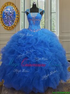 Inexpensive Royal Blue Cap Sleeves Beading and Ruffles and Sequins Floor Length Sweet 16 Quinceanera Dress