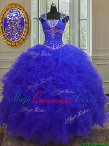 Colorful Blue Ball Gowns Organza Straps Cap Sleeves Beading and Ruffles and Sequins High Low Lace Up Ball Gown Prom Dress