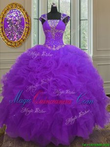 Exquisite Purple Lace Up Straps Beading and Ruffles and Sequins Sweet 16 Dresses Organza Cap Sleeves