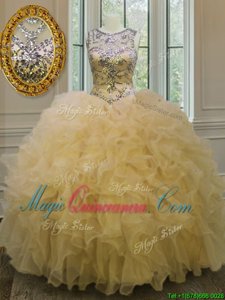 Deluxe Organza Scoop Sleeveless Lace Up Beading and Ruffles Vestidos de Quinceanera in Light Yellow
