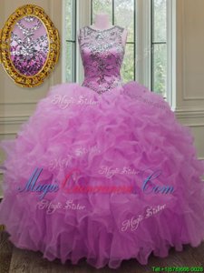Pretty Scoop Lilac Lace Up Sweet 16 Quinceanera Dress Beading and Ruffles Sleeveless Floor Length