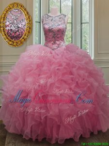 Top Selling Rose Pink Quinceanera Dress Military Ball and Sweet 16 and Quinceanera and For with Beading and Ruffles Scoop Sleeveless Lace Up