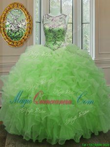 Scoop Sleeveless Floor Length Beading and Ruffles Lace Up Ball Gown Prom Dress with