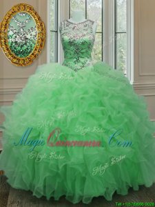 Scoop Sleeveless Floor Length Beading and Ruffles Lace Up Vestidos de Quinceanera with Green