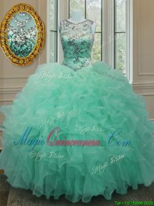 Admirable Scoop Apple Green Lace Up Quinceanera Dresses Beading and Ruffles Sleeveless Floor Length