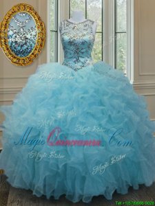 Glittering Aqua Blue Ball Gowns Organza Scoop Sleeveless Beading and Ruffles Floor Length Lace Up Quinceanera Gowns