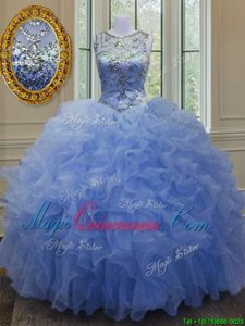 Eye-catching Scoop Sleeveless Organza Floor Length Lace Up Quinceanera Gown in Blue for with Beading and Ruffles