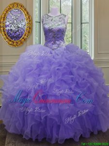 Unique Scoop Beading and Ruffles Vestidos de Quinceanera Lavender Lace Up Sleeveless Floor Length