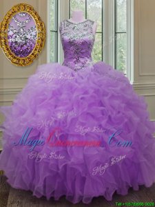 Scoop Sleeveless Lace Up Floor Length Beading and Ruffles Quinceanera Gowns