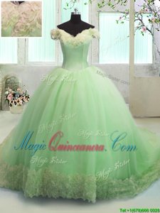 Latest Off the Shoulder Yellow Green Ball Gowns Hand Made Flower Vestidos de Quinceanera Lace Up Organza Short Sleeves With Train