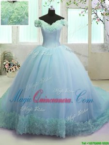 Amazing Light Blue 15 Quinceanera Dress Military Ball and Sweet 16 and Quinceanera and For with Hand Made Flower Off The Shoulder Sleeveless Court Train Lace Up