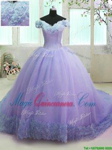 Lilac Organza Lace Up Off The Shoulder Short Sleeves With Train Sweet 16 Quinceanera Dress Court Train Hand Made Flower