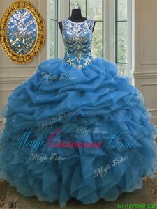 Blue Lace Up Scoop Beading and Ruffles and Pick Ups 15th Birthday Dress Organza Sleeveless