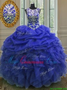 Scoop Sleeveless Organza Floor Length Lace Up Quinceanera Gowns in Royal Blue for with Beading and Ruffles and Pick Ups