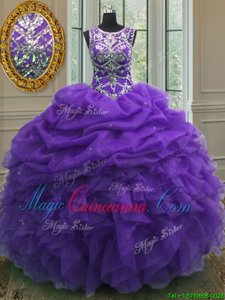 Nice Organza Scoop Sleeveless Lace Up Beading and Ruffles and Pick Ups Quinceanera Gowns in Purple