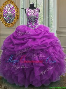 High Quality Scoop Purple Sleeveless Floor Length Beading and Ruffles and Pick Ups Lace Up 15th Birthday Dress