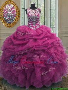 Wonderful Organza Scoop Sleeveless Lace Up Beading and Ruffles and Pick Ups Quinceanera Gowns in Fuchsia