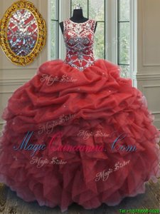 Admirable Scoop Coral Red Organza Lace Up Ball Gown Prom Dress Sleeveless Floor Length Beading and Ruffles and Pick Ups
