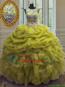 Glamorous Scoop Floor Length Yellow Green Ball Gown Prom Dress Organza Sleeveless Beading and Ruffles and Pick Ups