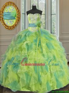 Sleeveless Lace Up Floor Length Beading and Appliques and Ruffles and Sashes|ribbons and Hand Made Flower Quince Ball Gowns