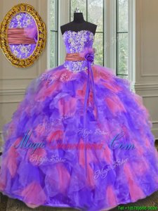 Traditional Beading and Appliques and Ruffles and Sashes|ribbons and Hand Made Flower Sweet 16 Dresses Multi-color Lace Up Sleeveless Floor Length