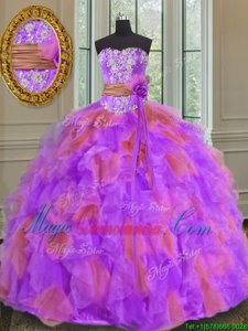 Elegant Floor Length Lace Up Sweet 16 Dress Multi-color and In for Military Ball and Sweet 16 and Quinceanera with Beading and Ruffles and Sashes|ribbons and Hand Made Flower